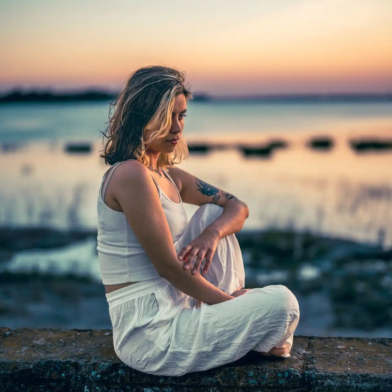 Woman sitting by lake in nature being holistic health
