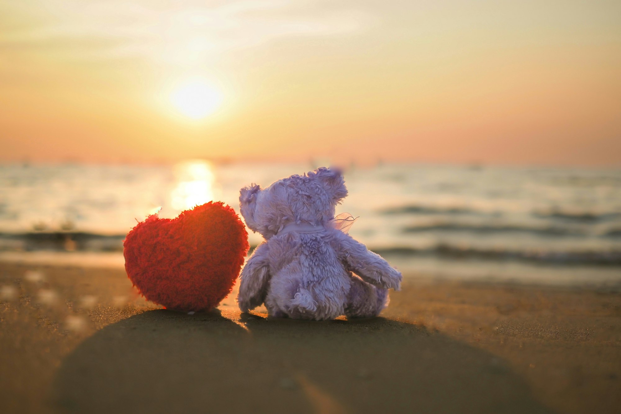 Bear with red handicraft heart on the beach