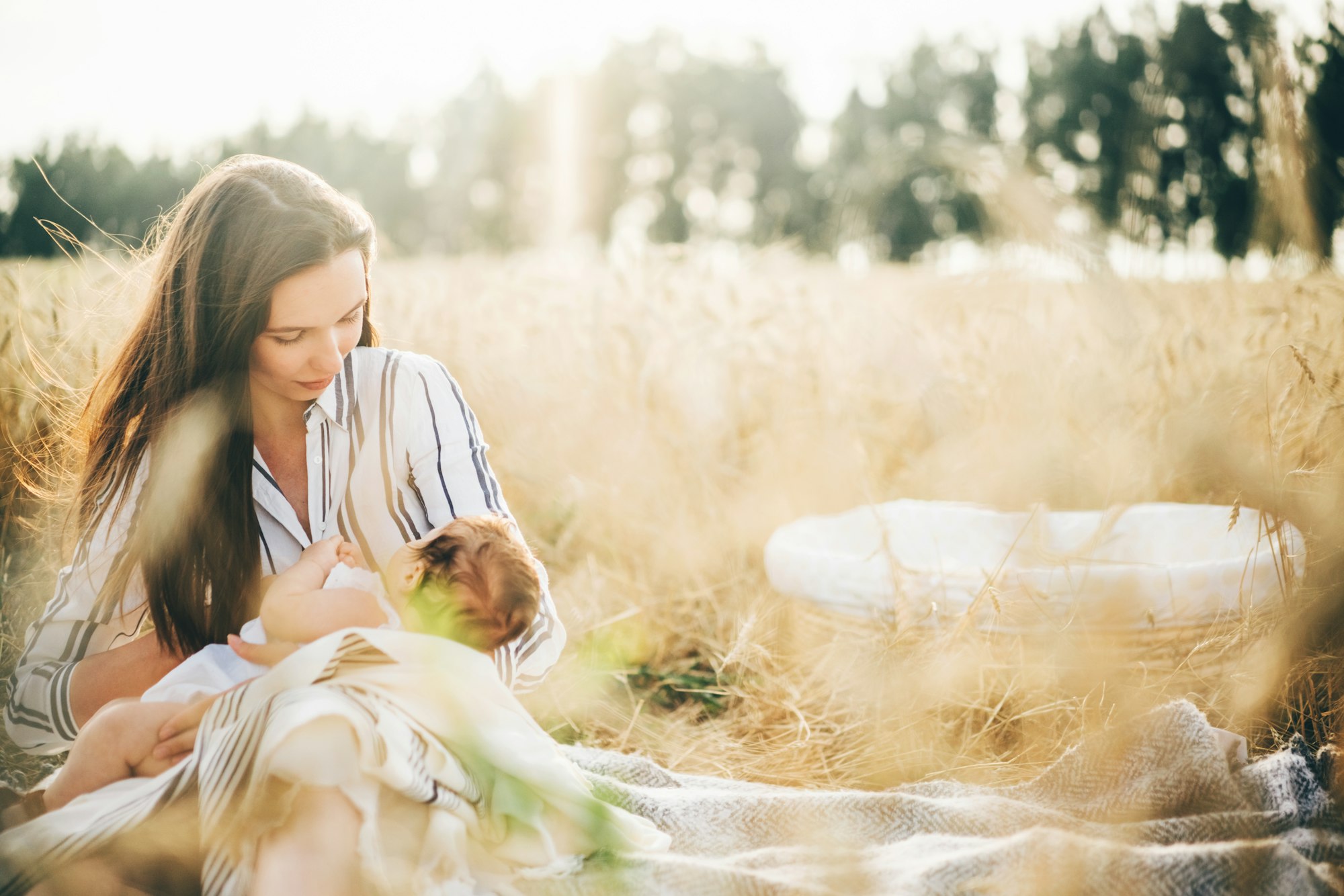 Little baby girl breastfeeding in nature meadow at the sunset .